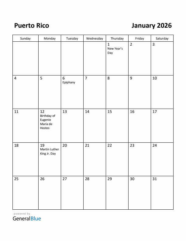 January 2026 Calendar with Puerto Rico Holidays
