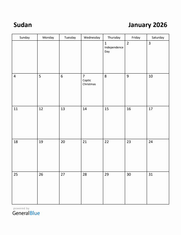 January 2026 Calendar with Sudan Holidays