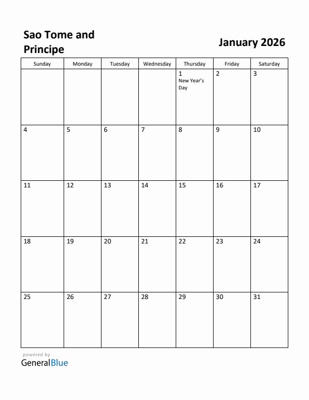 January 2026 Calendar with Sao Tome and Principe Holidays