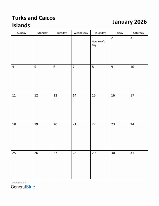 January 2026 Calendar with Turks and Caicos Islands Holidays