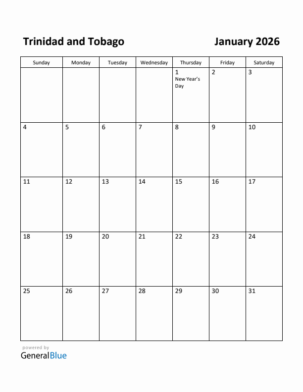 January 2026 Calendar with Trinidad and Tobago Holidays