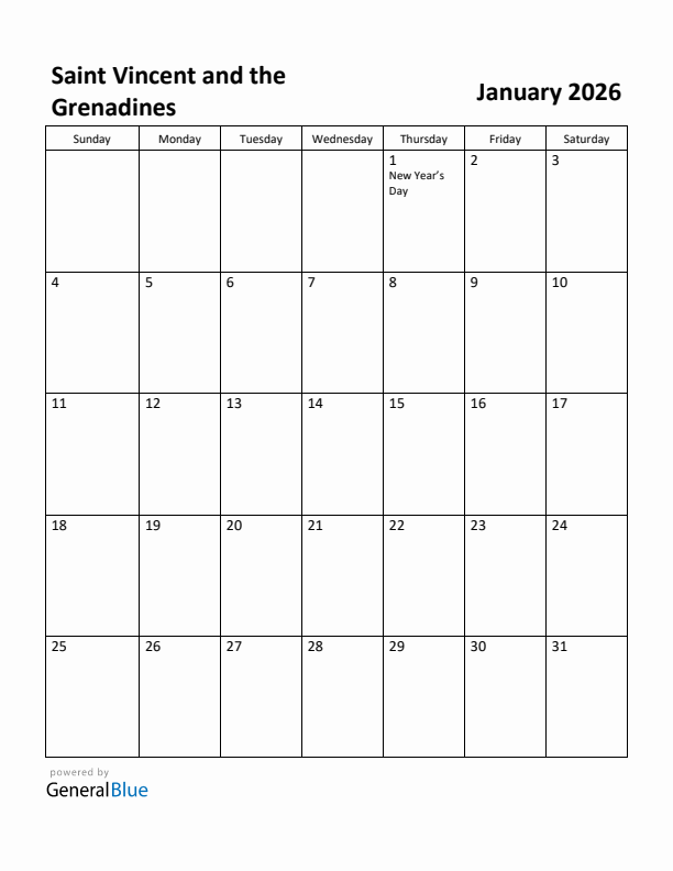 January 2026 Calendar with Saint Vincent and the Grenadines Holidays
