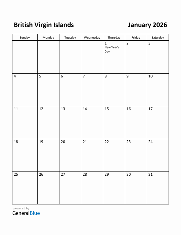 January 2026 Calendar with British Virgin Islands Holidays