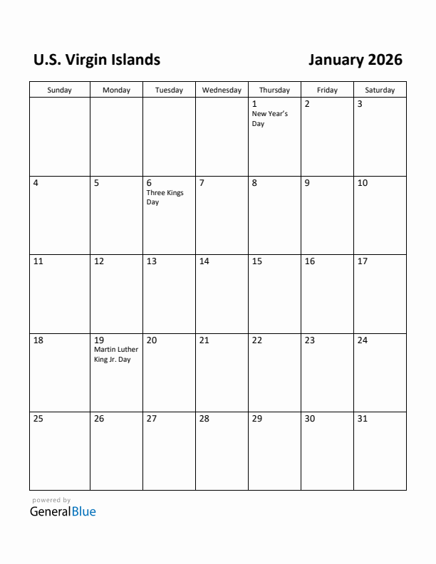 January 2026 Calendar with U.S. Virgin Islands Holidays