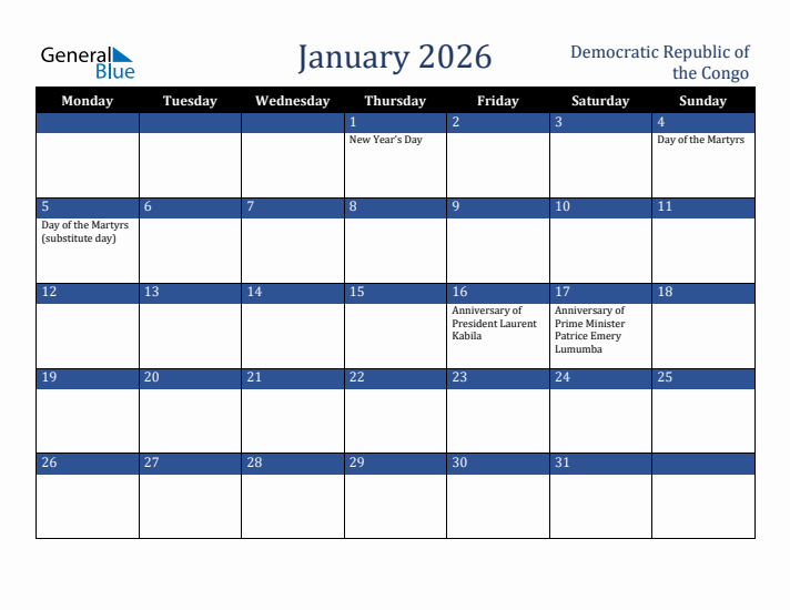 January 2026 Democratic Republic of the Congo Calendar (Monday Start)