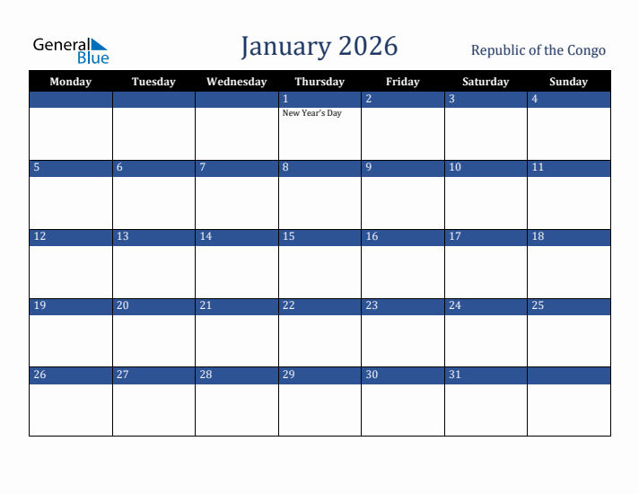 January 2026 Republic of the Congo Calendar (Monday Start)