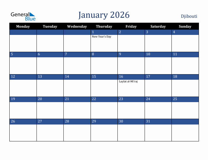 January 2026 Djibouti Calendar (Monday Start)