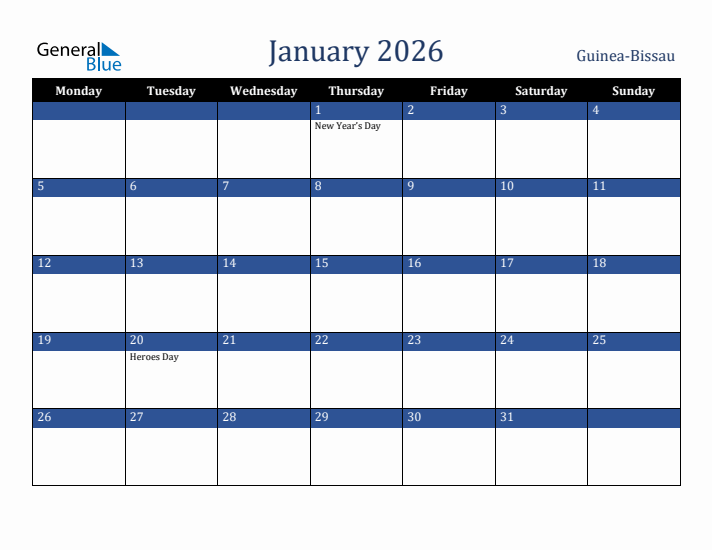January 2026 Guinea-Bissau Calendar (Monday Start)