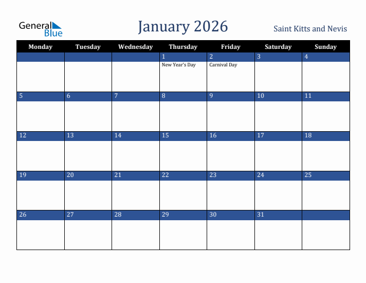 January 2026 Saint Kitts and Nevis Calendar (Monday Start)
