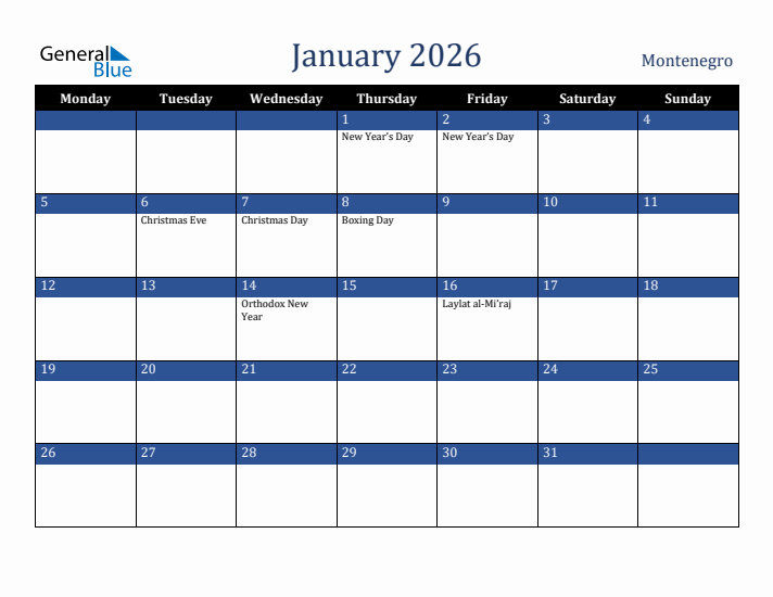 January 2026 Montenegro Calendar (Monday Start)