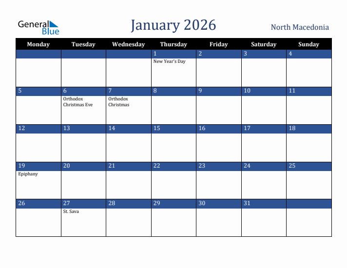 January 2026 North Macedonia Calendar (Monday Start)