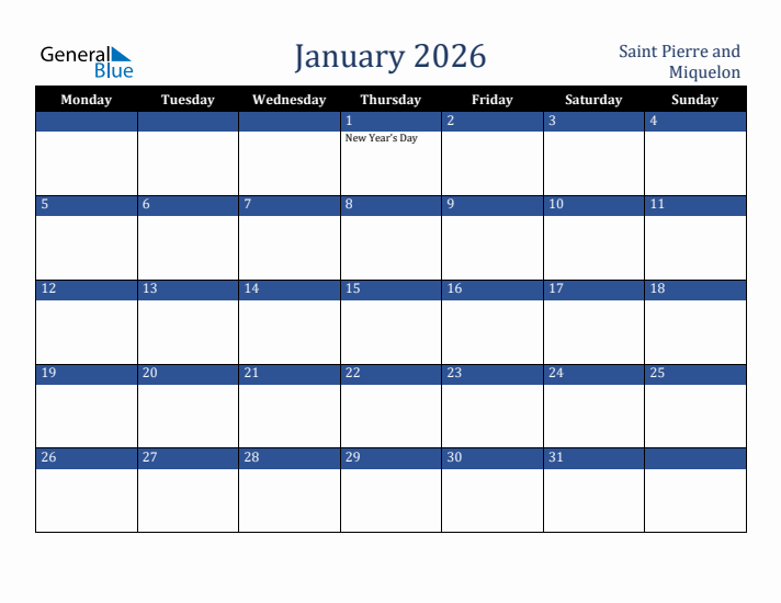 January 2026 Saint Pierre and Miquelon Calendar (Monday Start)