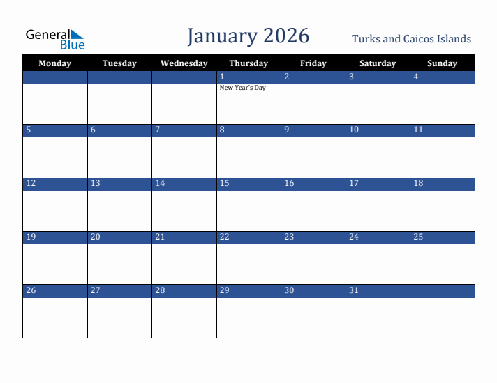 January 2026 Turks and Caicos Islands Calendar (Monday Start)