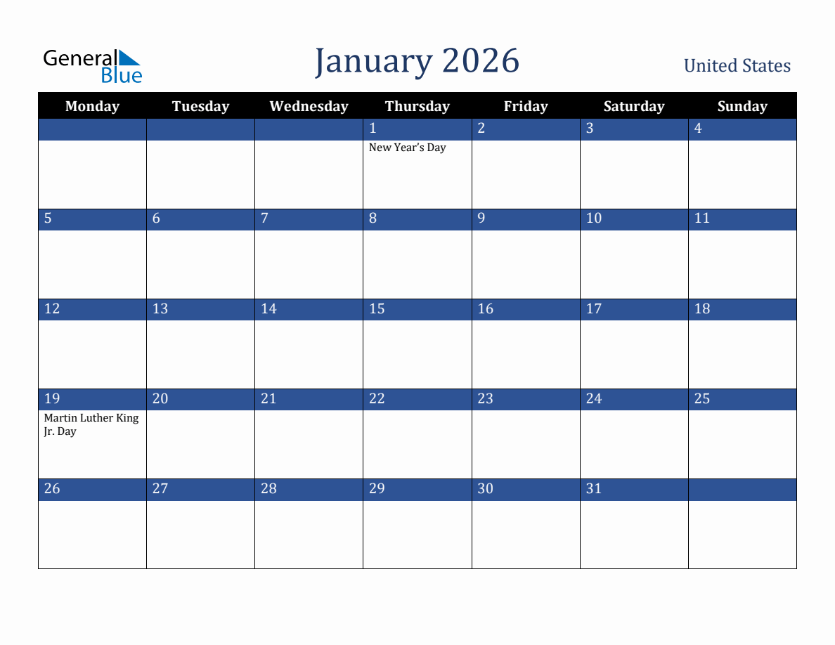 January 2026 United States Holiday Calendar (Monday Start)