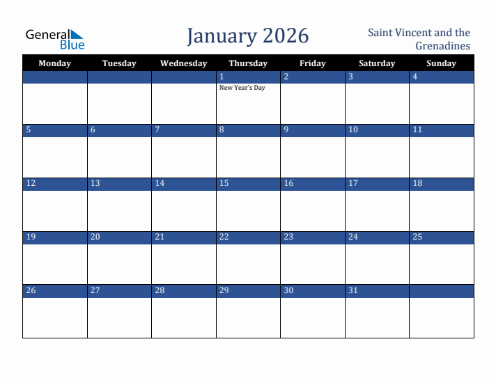 January 2026 Saint Vincent and the Grenadines Calendar (Monday Start)