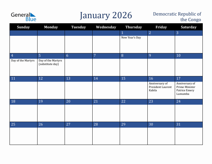 January 2026 Democratic Republic of the Congo Calendar (Sunday Start)