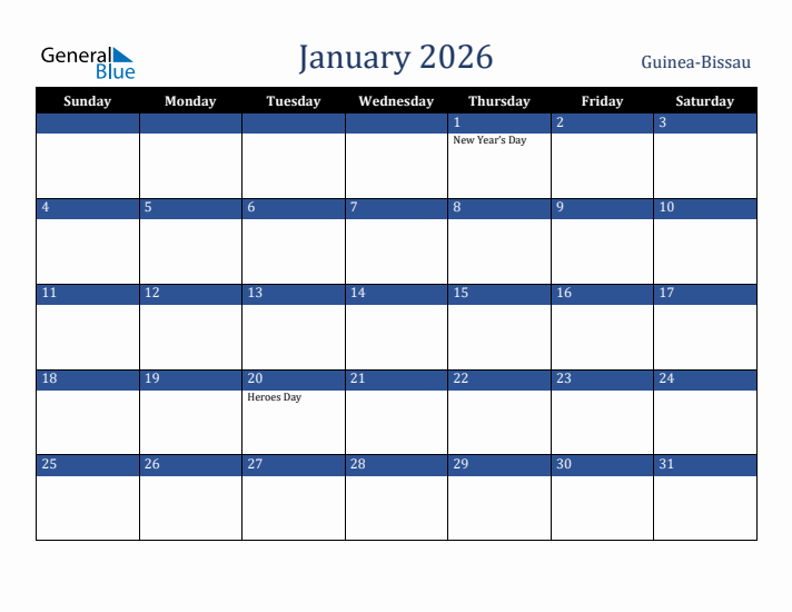 January 2026 Guinea-Bissau Calendar (Sunday Start)
