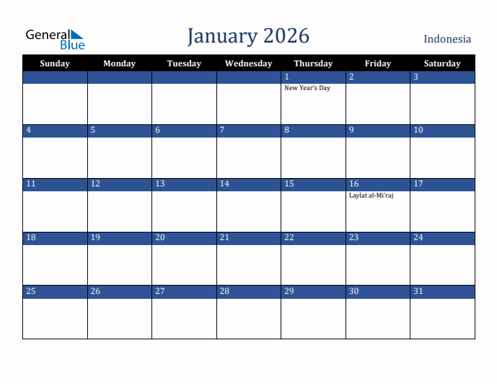 January 2026 Indonesia Calendar (Sunday Start)