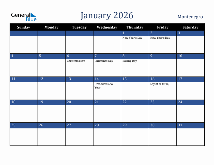 January 2026 Montenegro Calendar (Sunday Start)
