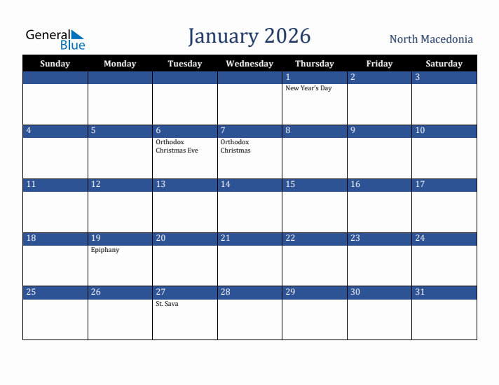 January 2026 North Macedonia Calendar (Sunday Start)