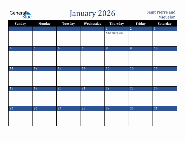 January 2026 Saint Pierre and Miquelon Calendar (Sunday Start)