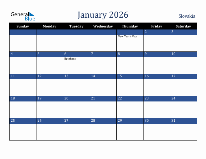 January 2026 Slovakia Calendar (Sunday Start)