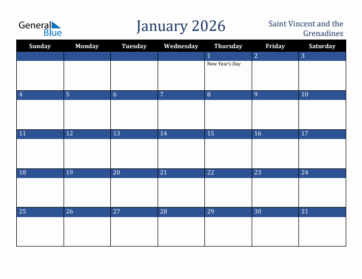 January 2026 Saint Vincent and the Grenadines Calendar (Sunday Start)
