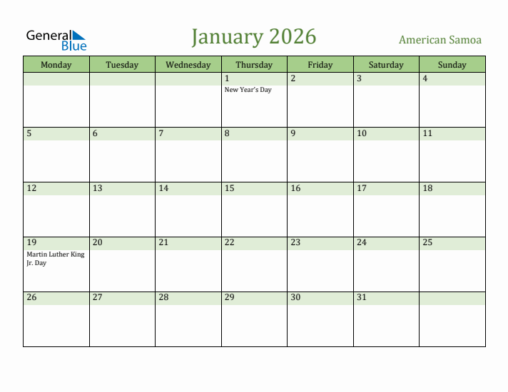 January 2026 Calendar with American Samoa Holidays