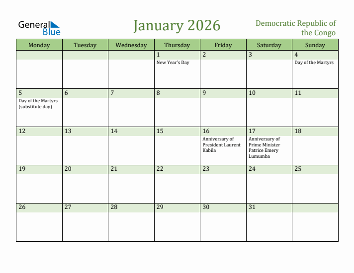 January 2026 Calendar with Democratic Republic of the Congo Holidays