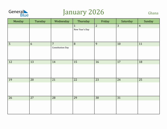 January 2026 Calendar with Ghana Holidays
