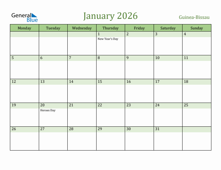January 2026 Calendar with Guinea-Bissau Holidays