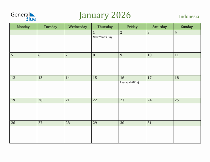 January 2026 Calendar with Indonesia Holidays