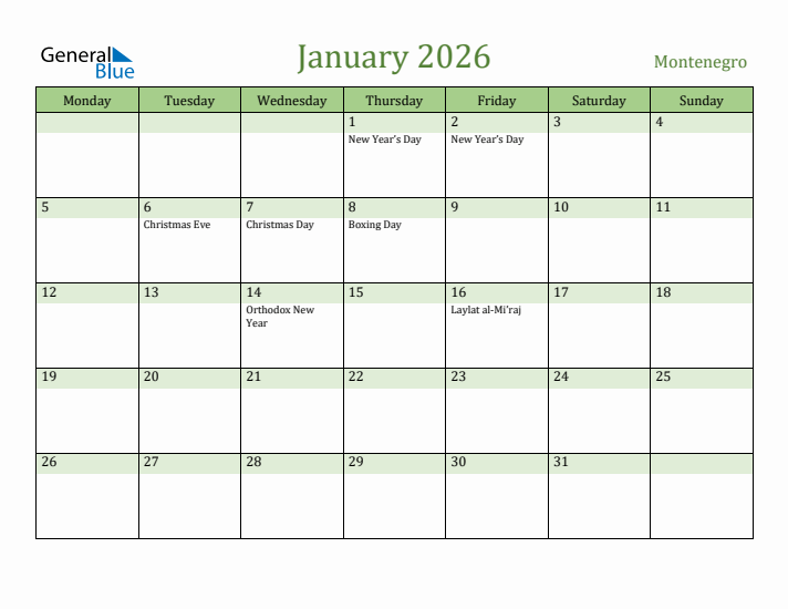 January 2026 Calendar with Montenegro Holidays