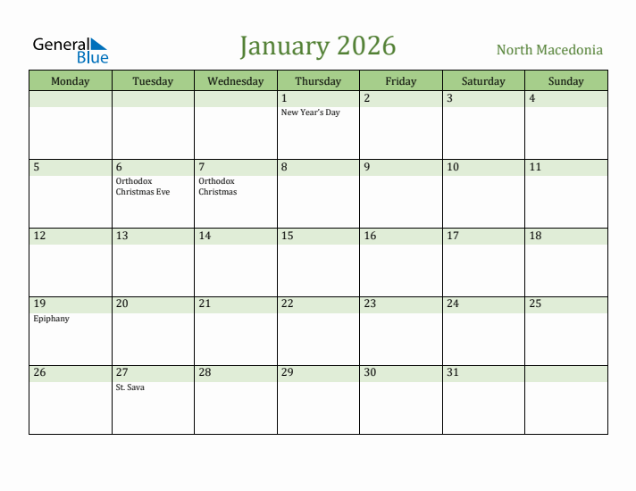 January 2026 Calendar with North Macedonia Holidays