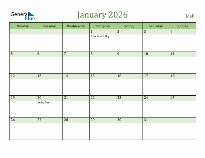 January 2026 Calendar with Mali Holidays
