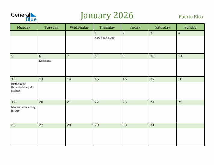January 2026 Calendar with Puerto Rico Holidays
