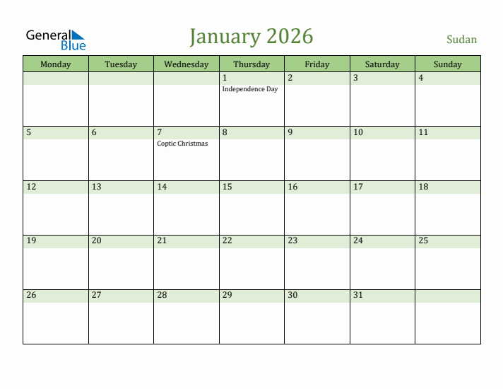 January 2026 Calendar with Sudan Holidays