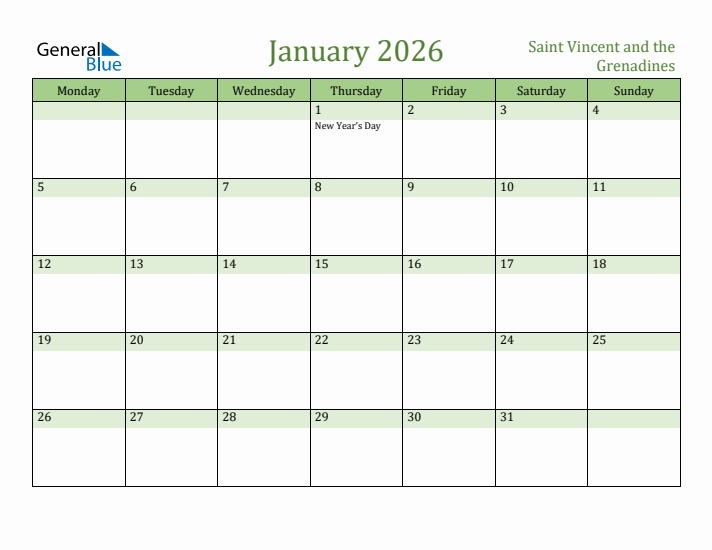 January 2026 Calendar with Saint Vincent and the Grenadines Holidays