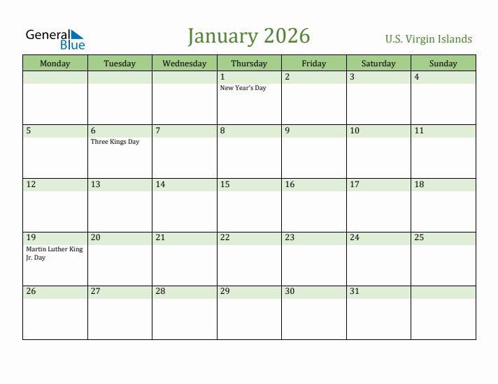 January 2026 Calendar with U.S. Virgin Islands Holidays