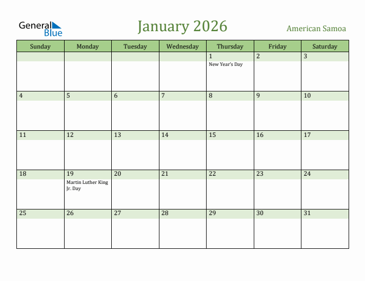 January 2026 Calendar with American Samoa Holidays