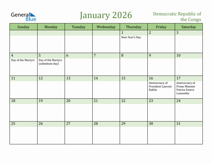 January 2026 Calendar with Democratic Republic of the Congo Holidays