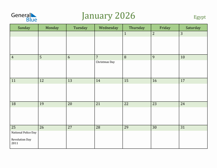 January 2026 Calendar with Egypt Holidays
