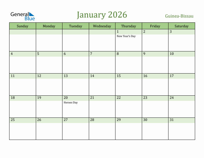 January 2026 Calendar with Guinea-Bissau Holidays