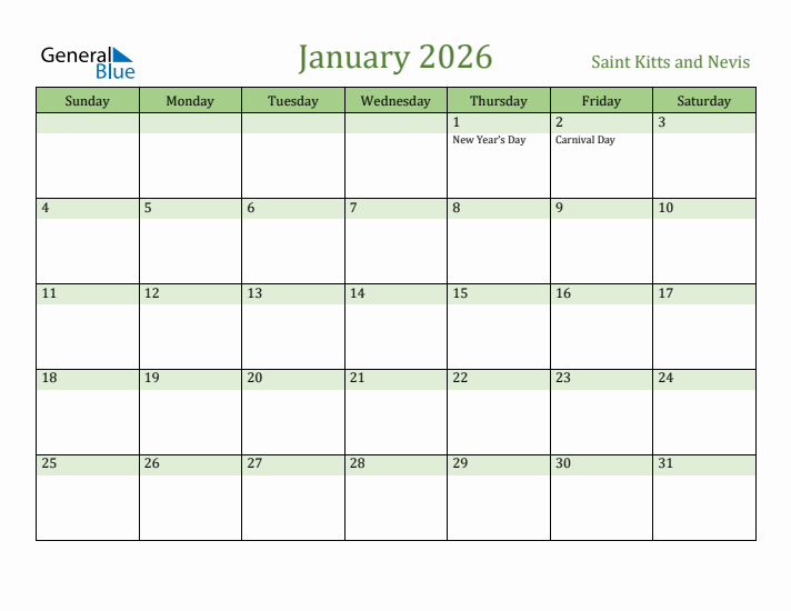 January 2026 Calendar with Saint Kitts and Nevis Holidays