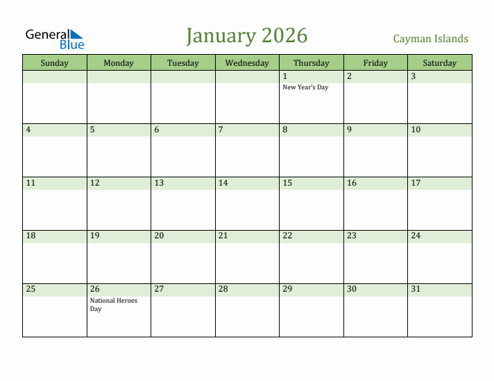 January 2026 Calendar with Cayman Islands Holidays
