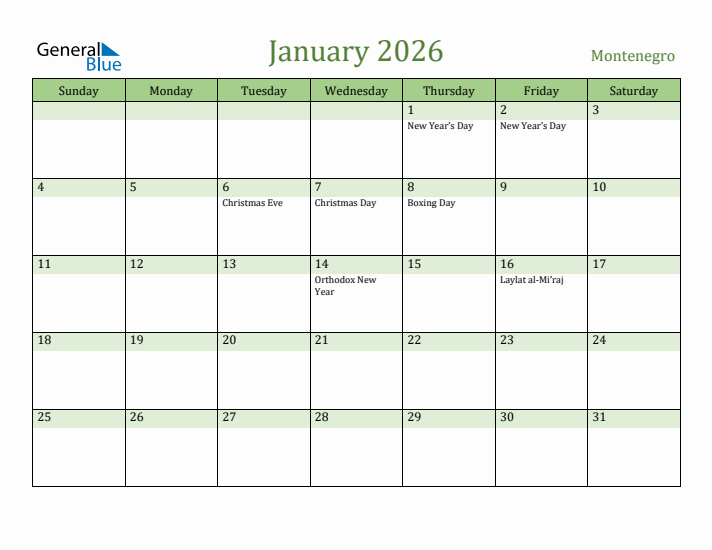 January 2026 Calendar with Montenegro Holidays