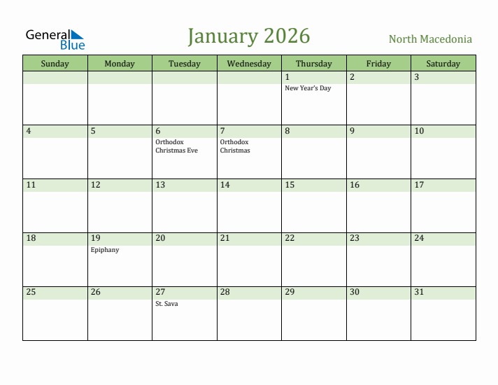 January 2026 Calendar with North Macedonia Holidays