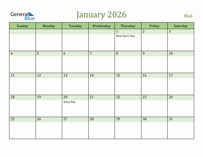 January 2026 Calendar with Mali Holidays