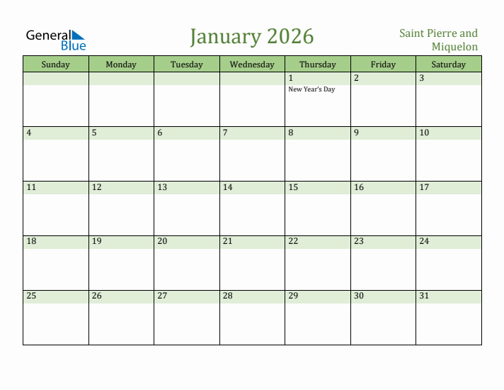 January 2026 Calendar with Saint Pierre and Miquelon Holidays