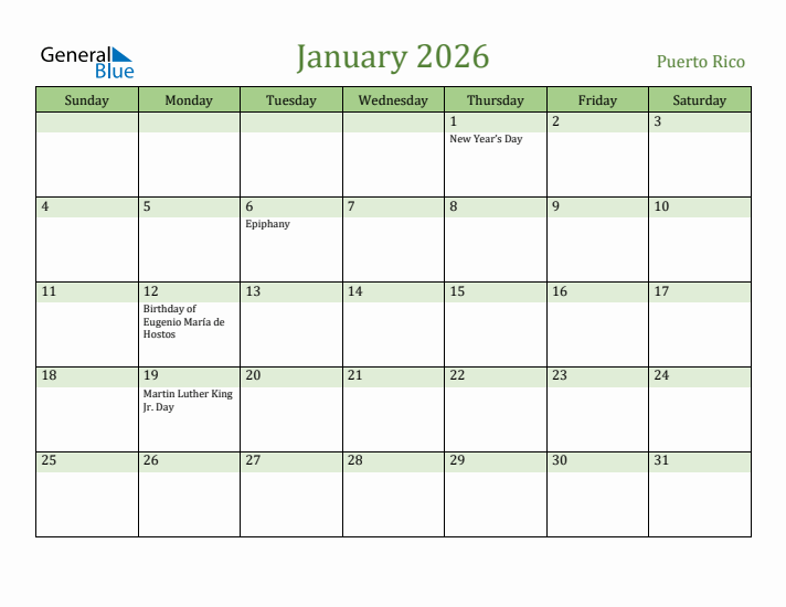 January 2026 Calendar with Puerto Rico Holidays
